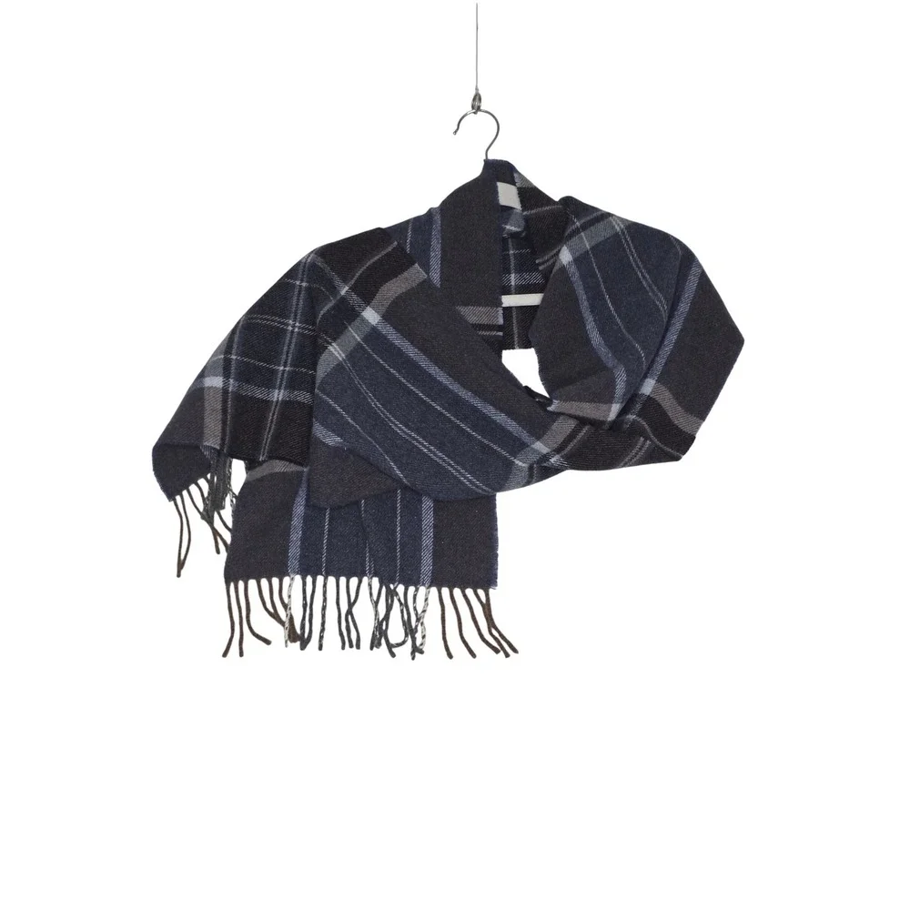 Italian Woollen Treasures 100% Wool Plaid Scarf Blue Grey Made in Italy NWT Lux